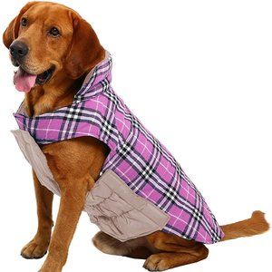 Dog Jacket Coat Vest Reversible Windproof Warm Quilted Tan Pink Plaid Sz 2XL